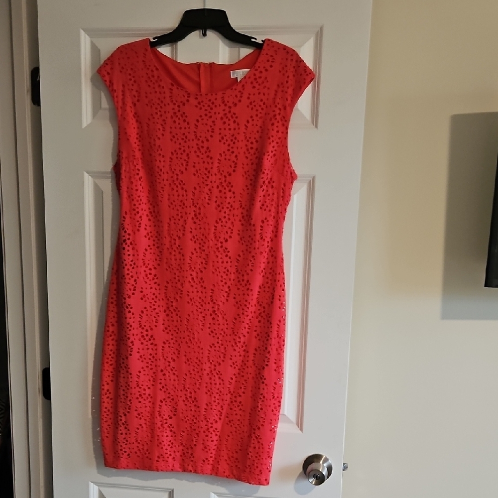 Bisou Bisou Coral-Red Eyelet Cap-Sleeve Midi Dress